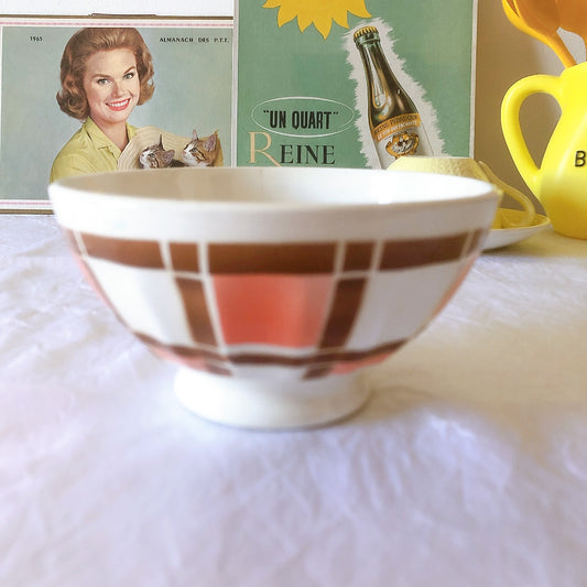 フランス アンティークカフェオレボウル ピンクxマロン アンティーク食器 ヴィンテージ食器 ブロカントアンティーク 蚤の市