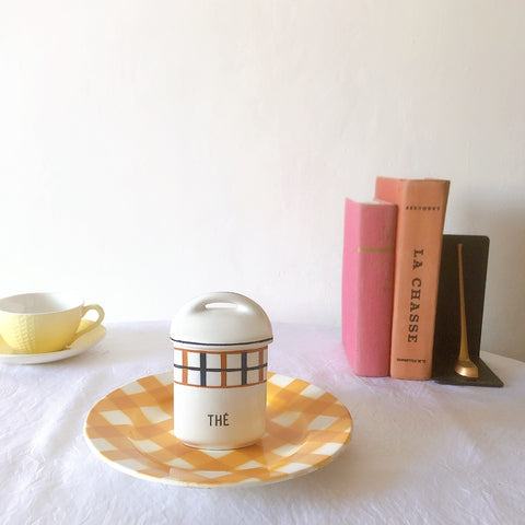 フランスアンティーク サンタマン バスク柄陶器キャニスター 「イエロー・ブルー」 フランスアンティーク食器　ブロカント　蚤の市