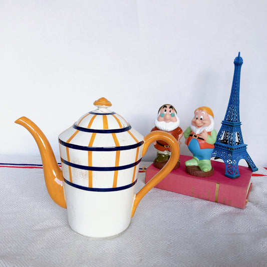 クレイユモントロー HBCM Béarn バスク柄 コーヒー/ティポット「イエロー・ダークブルー」フランスアンティーク ブロカント 蚤の市 バスク柄アンティーク