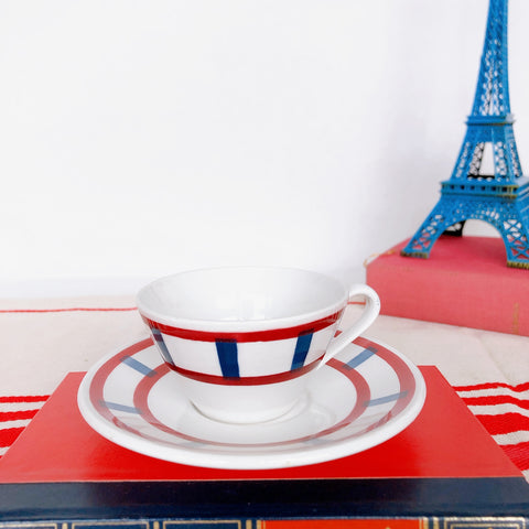 バドンヴィレー バスク柄 カップ&ソーサー「レッド・ブルー」B フランスアンティーク食器　バスク柄アンティーク