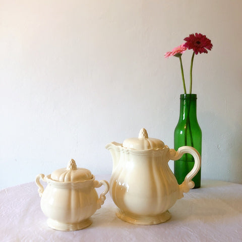 ディゴワンサルグミンヌ Digoin＆sarreguemines 花リム ティー/コーヒーポット フランスアンティーク食器 フランス蚤の市・ブロカント