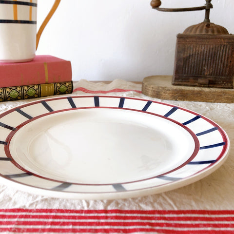 クレイユモントロー HBCM Béarn  バスク柄 大皿 ラウンドプレート26.4　レッドｘブルー　フランスアンティーク食器　バスク柄プレート　ブロカント 蚤の市