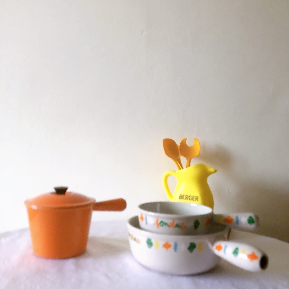 フランス　ルクルーゼ ヴィンテージ ホーロー鍋　フォンデュ鍋大型　フランスアンティーク　ブロカント　蚤の市　