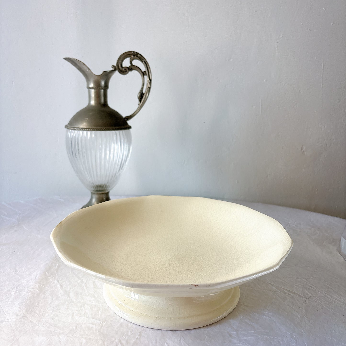 サンタマン １２角形コンポート皿 コンポティエ アイボリー フランスアンティーク食器 ブロカント 蚤の市