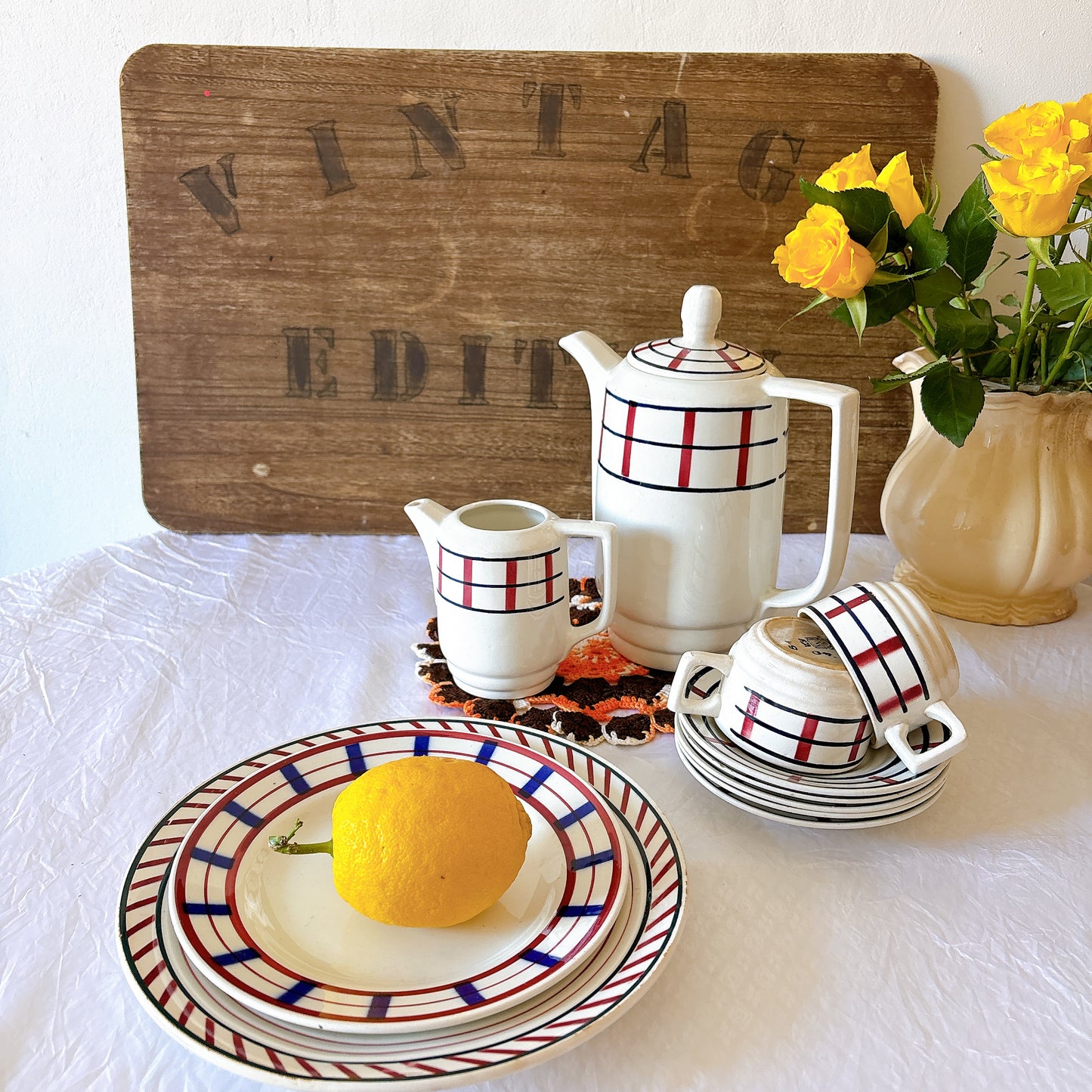 フランスアンティーク サンタマン　バスク柄 カフェオレポット / コーヒーポット
 「ルージュxマリン」フランスアンティーク食器　ブロカント　蚤の市