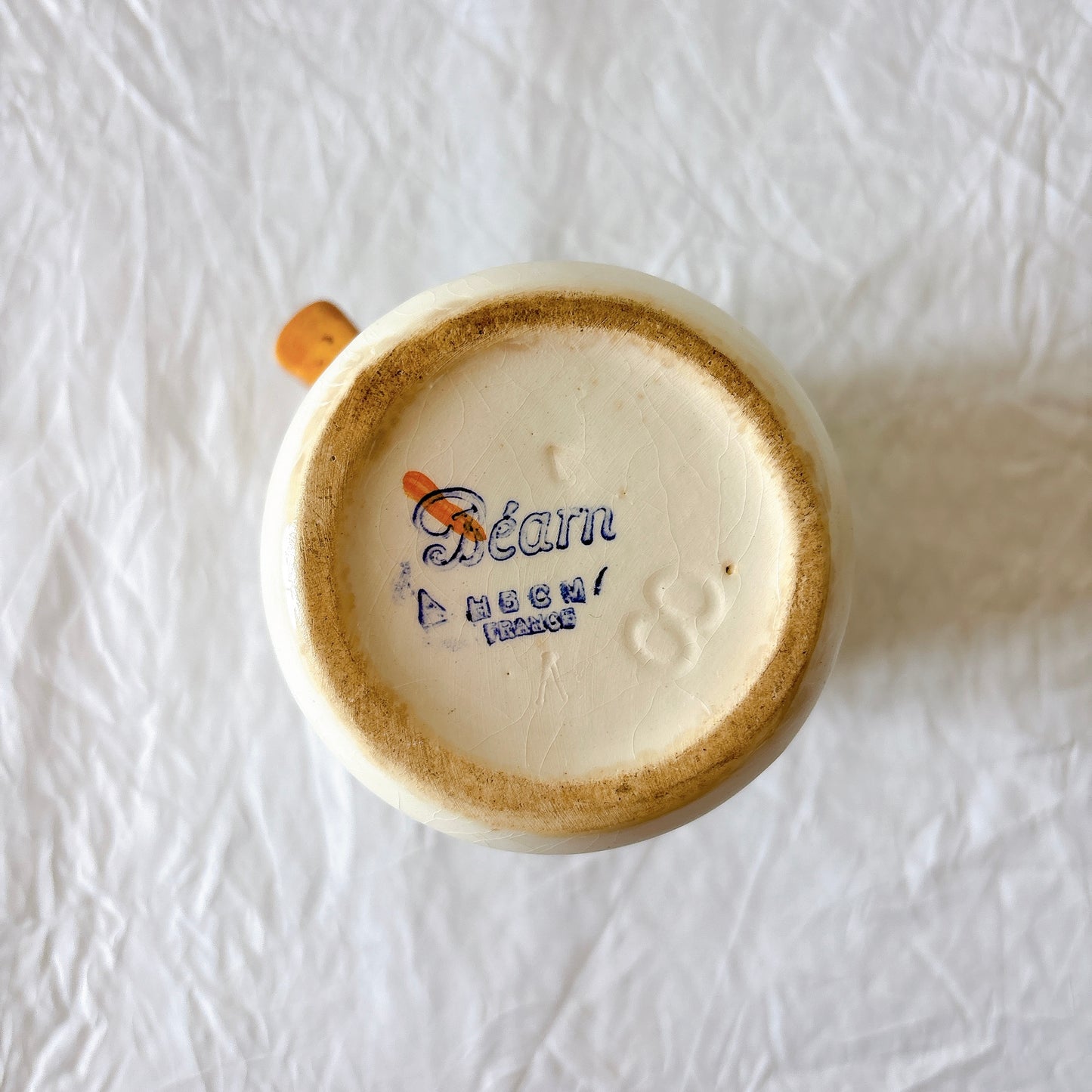 HBCM Béarn バスク柄ピシェ イエロー×ブルー サイズ感｜フランスアンティーク食器
