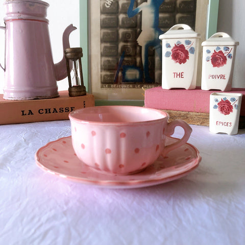 サラン SALINS 花リムカップアンドソーサー　ピンクドット柄　フランスアンティーク食器 フランス蚤の市・ブロカント