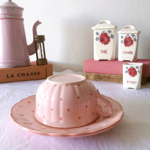 サラン SALINS 花リムカップアンドソーサー　ピンクドット柄　フランスアンティーク食器 フランス蚤の市・ブロカント