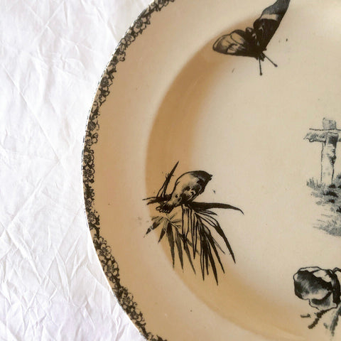 フランスアンティーク  GRAND DEPOT E.Bourgeois グランデポ エミールブルジョワ　蝶鳥柄　ディナープレート 平皿 フランスアンティーク食器 ブロカント 蚤の市