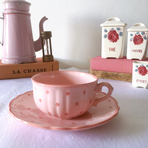 サラン SALINS 花リムカップアンドソーサー　ピンクドット柄　フランスアンティーク食器 フランス蚤の市・ブロカント