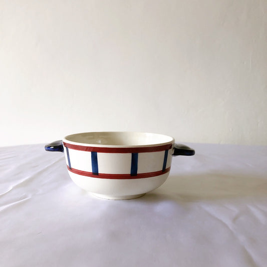 クレイユモントロー HBCM Béarn バスク柄耳付きボウル 取手付きボウル「レッドxブルー」フランスアンティーク食器 ブロカント 蚤の市 バスク柄アンティーク