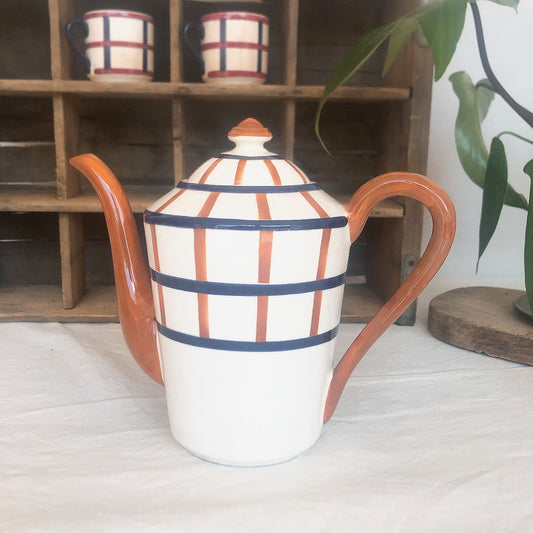 クレイユモントロー HBCM Béarn バスク柄 コーヒーポット「マロン&ブルー」フランスアンティーク食器 バスク柄プレート ブロカント 蚤の市