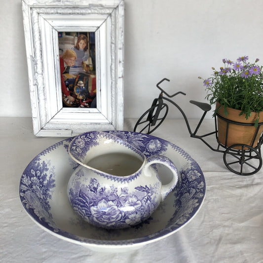 フランスアンティーク UCサルグミンヌ『JARDINIERE』ジャルディニエール トワレットセット ピッチャー&洗面器 ラベンダーカラー ピシェ 水差し アンティーク食器 ブロカント 蚤の市