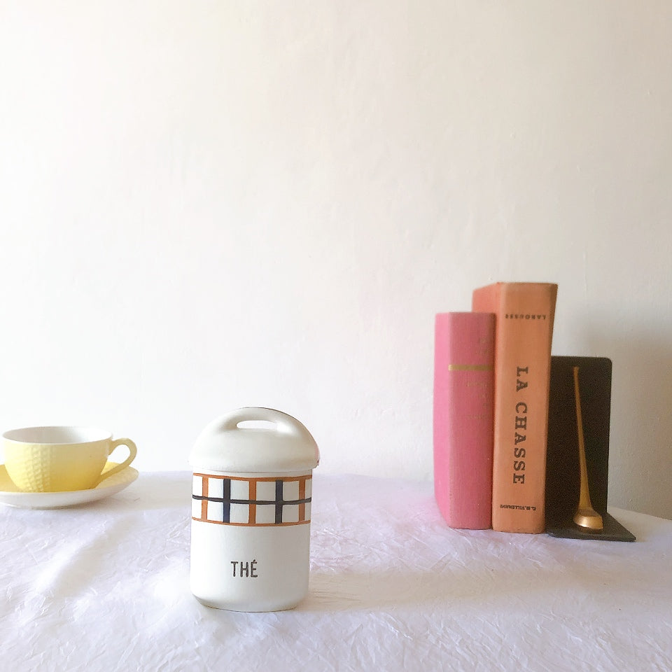 フランスアンティーク サンタマン バスク柄陶器キャニスター 「イエロー・ブルー」 フランスアンティーク食器　ブロカント　蚤の市