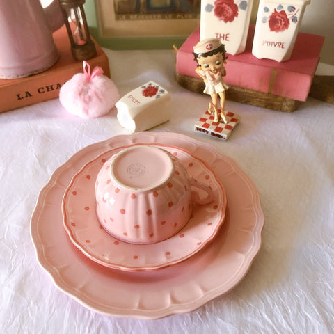 サラン SALINS 花リムカップアンドソーサー　ピンクドット柄　フランスアンティーク食器 フランス蚤の市・ブロカント