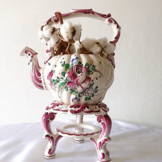 アンティークポット、 陶器鉢 プランター 台付き 手描きフラワーブーケ フランスアンティーク食器 蚤の市 ブロカント アンティーク