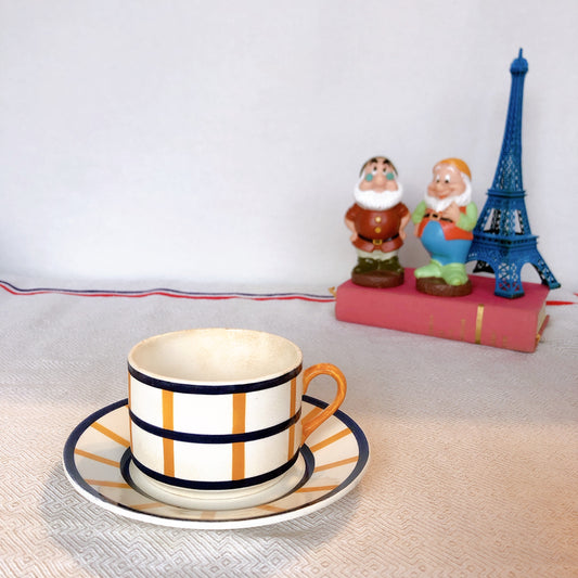 クレイユモントロー HBCM Béarn バスク柄カップ&ソーサー「イエローxブルー」 B フランスアンティーク食器 ブロカント バスク柄アンティーク