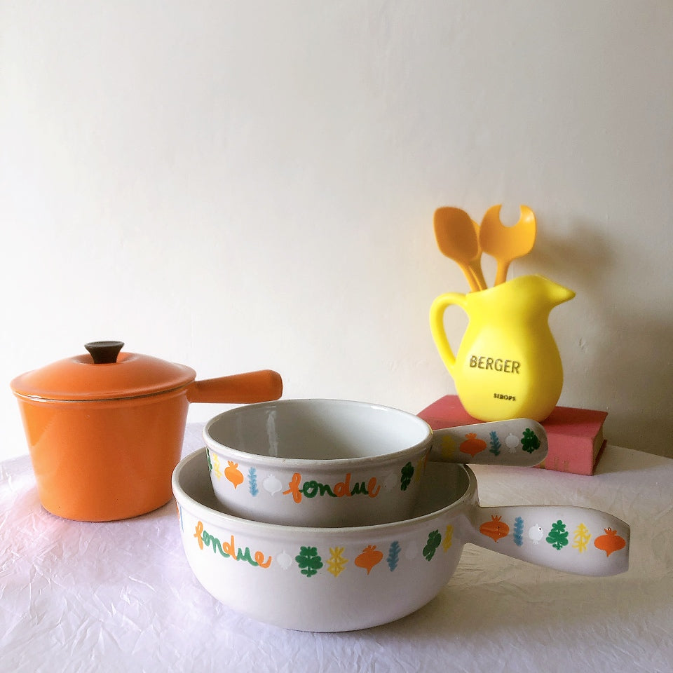 フランス　ルクルーゼ ヴィンテージ フォンデュ鍋 片手鍋蓋つき フランスアンティーク　ブロカント　蚤の市