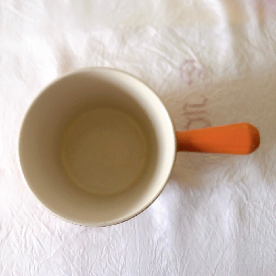 フランス　ルクルーゼ ヴィンテージ フォンデュ鍋 片手鍋蓋つき オレンジ　フランスアンティーク　ブロカント　蚤の市