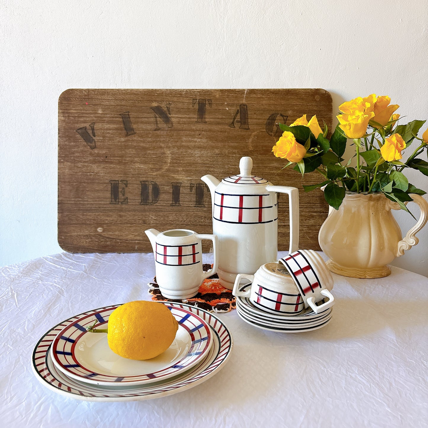 フランスアンティーク サンタマン　バスク柄 カフェオレポット / コーヒーポット
 「ルージュxマリン」フランスアンティーク食器　ブロカント　蚤の市