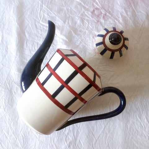 クレイユモントロー HBCM Béarn バスク柄 コーヒー／ティポット「レッド・ブルー」フランスアンティーク食器 ブロカント 蚤の市　アンティーク食器 バスク柄アンティーク