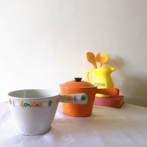 フランス　ルクルーゼ ヴィンテージ フォンデュ鍋 片手鍋蓋つき フランスアンティーク　ブロカント　蚤の市