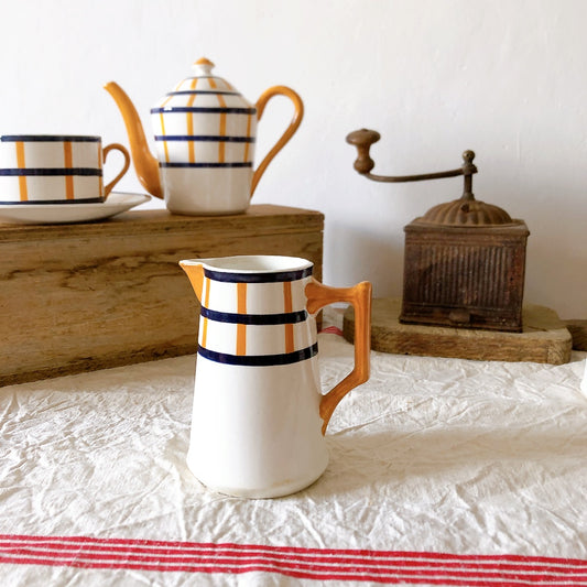 クレイユモントロー HBCM Béarn バスク柄ピシェ ピッチャー ミルクポット 250ML「オレンジ&ブルー」 フランスアンティーク食器 バスク柄プレート ブロカント 蚤の市