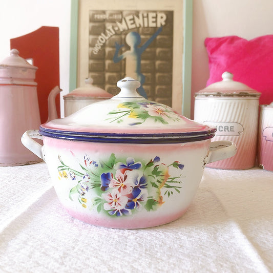 フランスJAPYジャピー社 アンティークホーロー両手鍋 ピンクローズ&パンジー ピンクぼかし フランスアンティーク食器 アンティークキッチン雑貨