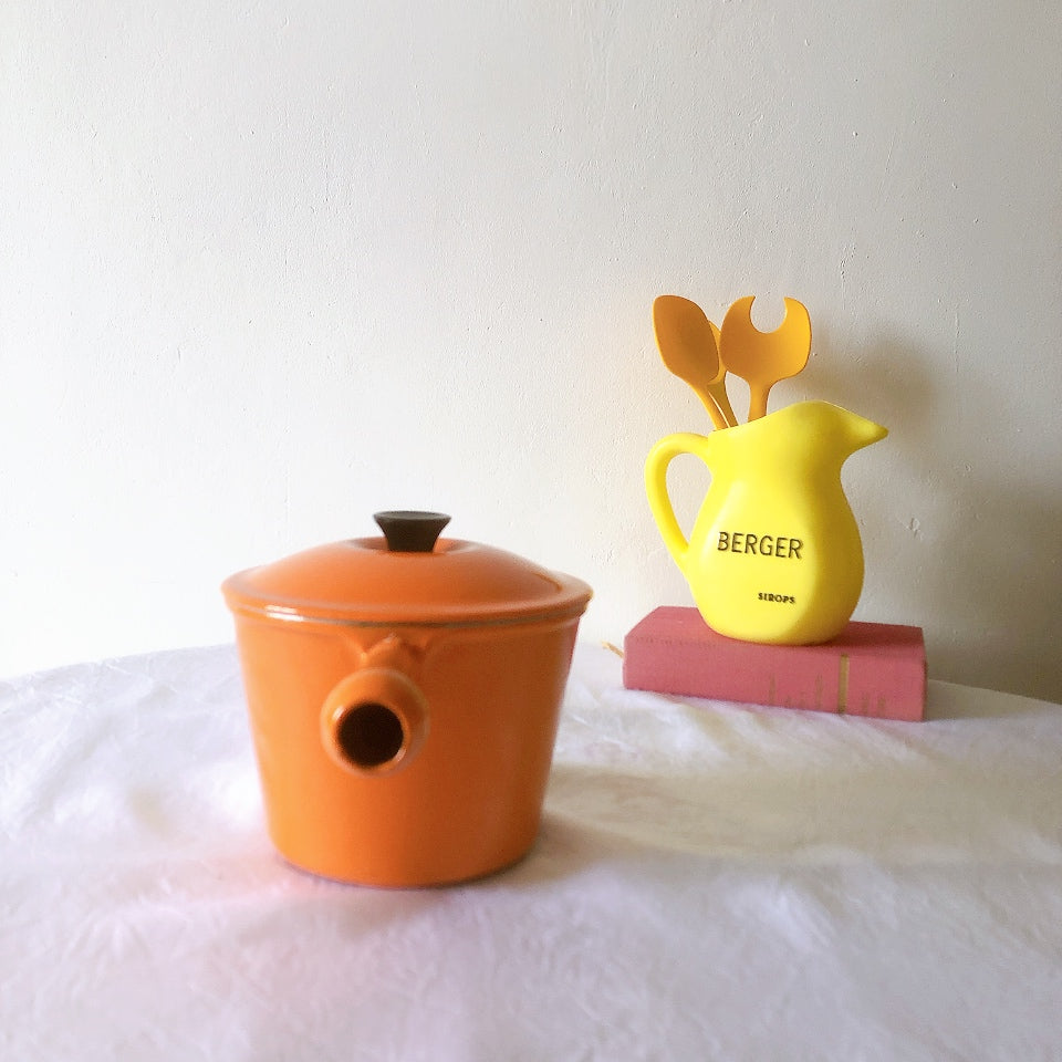 フランス　ルクルーゼ ヴィンテージ フォンデュ鍋 片手鍋蓋つき オレンジ　フランスアンティーク　ブロカント　蚤の市