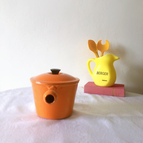 フランス　ルクルーゼ ヴィンテージ フォンデュ鍋 片手鍋蓋つき オレンジ　フランスアンティーク　ブロカント　蚤の市