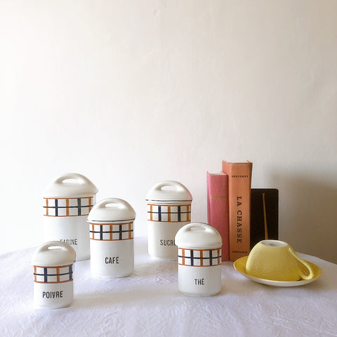 フランスアンティーク サンタマン バスク柄陶器キャニスター 「イエロー・ブルー」 フランスアンティーク食器　ブロカント　蚤の市