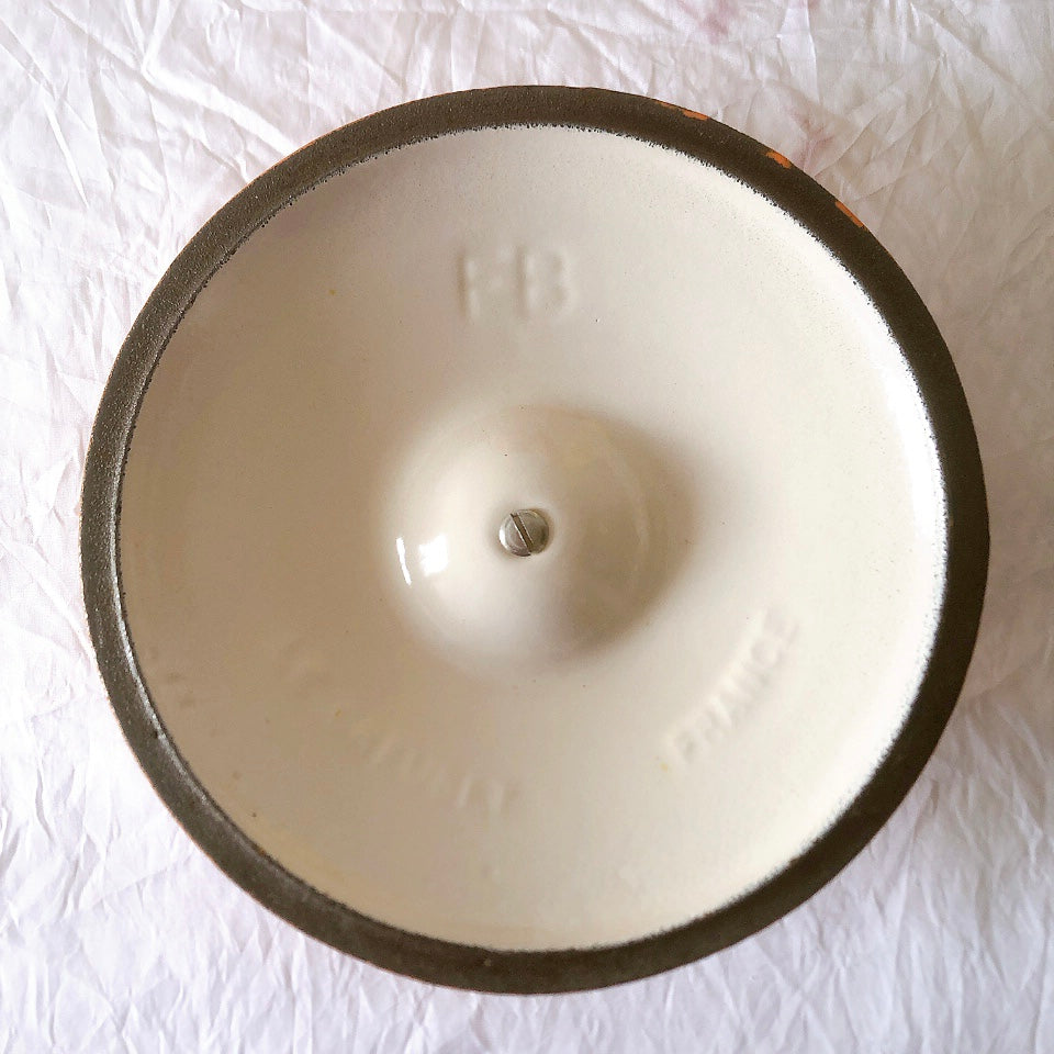 フランス　ルクルーゼ ヴィンテージ フォンデュ鍋 片手鍋蓋つき オレンジ　フランスアンティーク　ブロカント　蚤の市