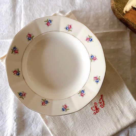 ディゴワンサルグミンヌ Digoin&sarregumines スーププレート/深皿 バラ柄ピンク&ブルー A フランスアンティーク食器 ブロカント 蚤の市 ブロカントアンティークス