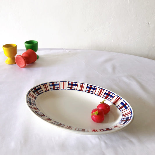 サンタマン バスク柄ラヴィエ オーバル皿 前菜皿「レッドxブルー」幾何学模様 ジオメトリック柄フランスアンティーク食器 ブロカント 蚤の市