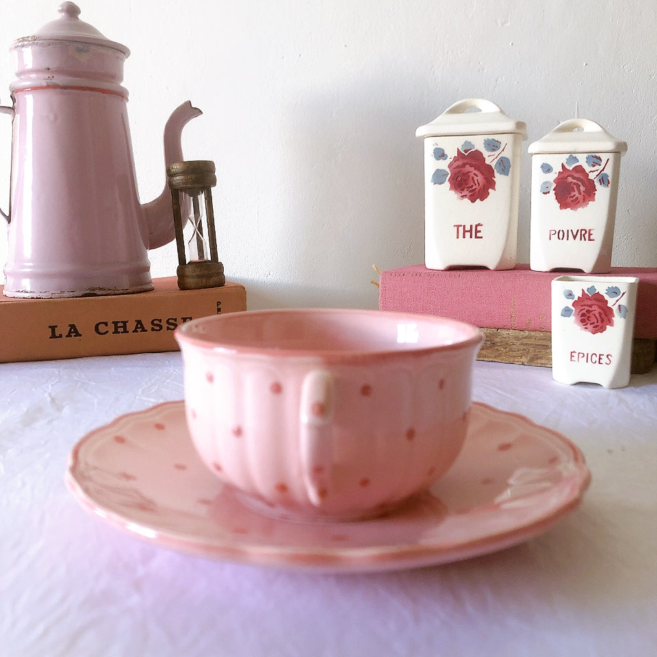 サラン SALINS 花リムカップアンドソーサー　ピンクドット柄　フランスアンティーク食器 フランス蚤の市・ブロカント