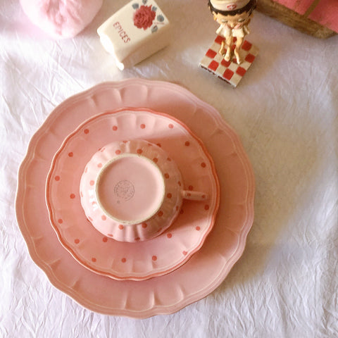 サラン SALINS 花リムカップアンドソーサー　ピンクドット柄　フランスアンティーク食器 フランス蚤の市・ブロカント