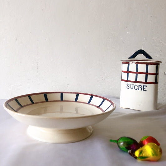 HBCM Béarn クレイユモントロー バスク柄 コンポート皿 コンポティエ ケーキスタンド「レッドxブルー」フランスアンティーク食器 ブロカント 蚤の市