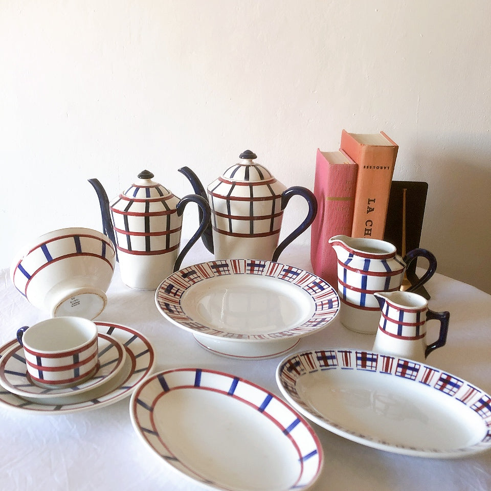 クレイユモントロー HBCM Béarn バスク柄 コーヒー／ティポット「レッド・ブルー」フランスアンティーク食器 ブロカント 蚤の市　アンティーク食器 バスク柄アンティーク