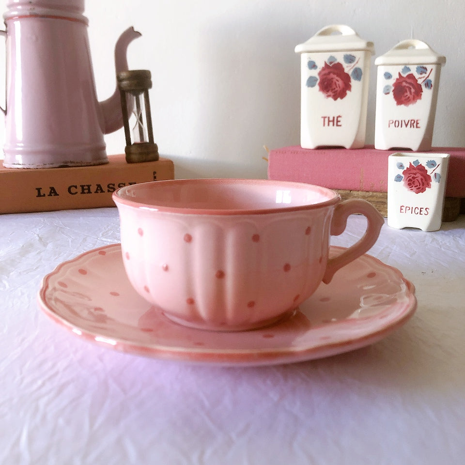 サラン SALINS 花リムカップアンドソーサー　ピンクドット柄　フランスアンティーク食器 フランス蚤の市・ブロカント