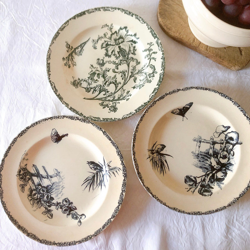 フランスアンティーク  GRAND DEPOT E.Bourgeois グランデポ エミールブルジョワ　蝶鳥柄　ディナープレート 平皿 フランスアンティーク食器 ブロカント 蚤の市