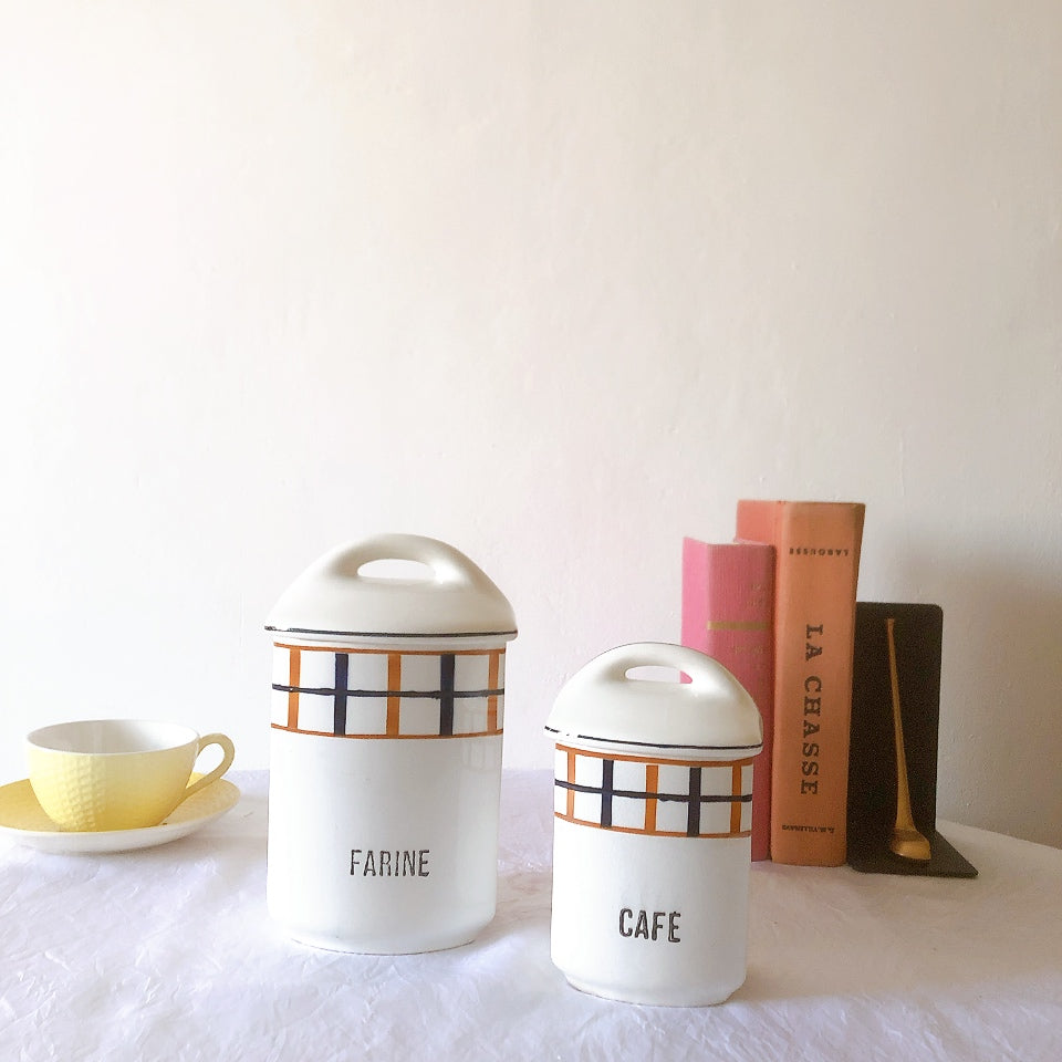 フランスアンティーク サンタマン バスク柄陶器キャニスター 「イエロー・ブルー」 フランスアンティーク食器　ブロカント　蚤の市