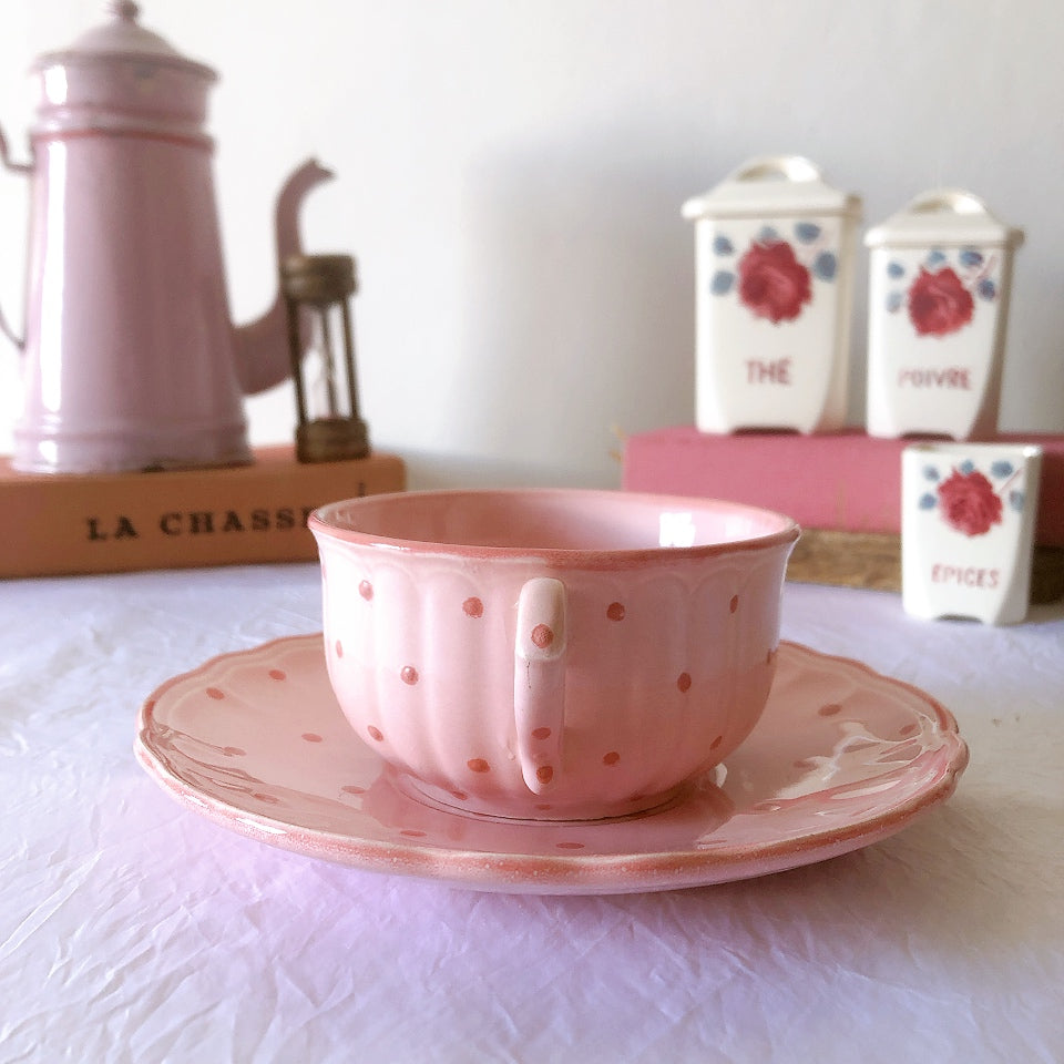 サラン SALINS 花リムカップアンドソーサー　ピンクドット柄　フランスアンティーク食器 フランス蚤の市・ブロカント