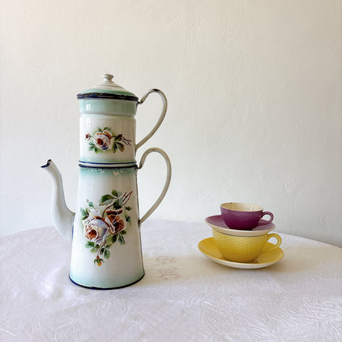 フランスアンティーク ホーロー製コーヒーポット　カフェティエール　薔薇柄　ブルーぼかし　ブロカント　蚤の市