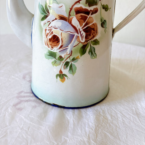 フランスアンティーク ホーロー製コーヒーポット　カフェティエール　薔薇柄　ブルーぼかし　ブロカント　蚤の市