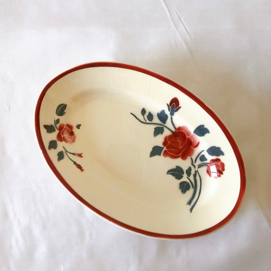 バドンヴィレー Badonviller バラ柄ラヴィエ 赤 前菜皿 オーバルプレート ブロカントフランスアンティーク食器 ヴィンテージ食器 ブロカント 蚤の市