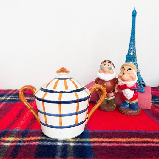 クレイユモントロー HBCM Béarn バスク柄 シュガーポット「マロン・ダークブルー」フランスアンティーク・食器・皿・プレート ブロカント