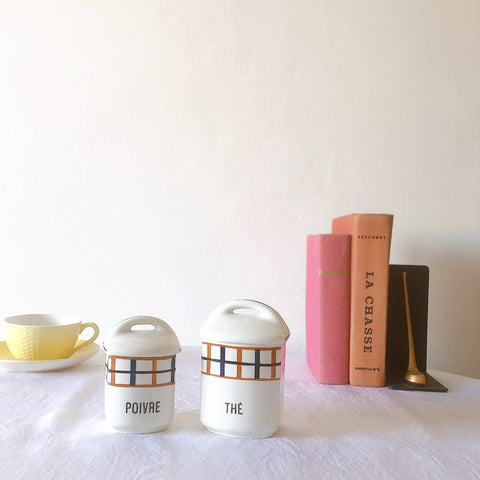 フランスアンティーク サンタマン バスク柄陶器キャニスター 「イエロー・ブルー」 フランスアンティーク食器　ブロカント　蚤の市