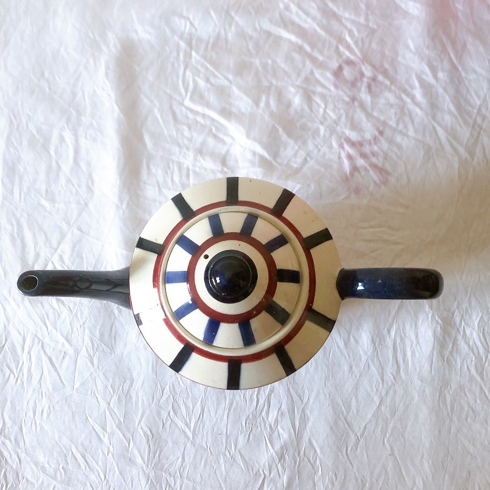 クレイユモントロー HBCM Béarn バスク柄 コーヒー／ティポット「レッド・ブルー」フランスアンティーク食器 ブロカント 蚤の市　アンティーク食器 バスク柄アンティーク