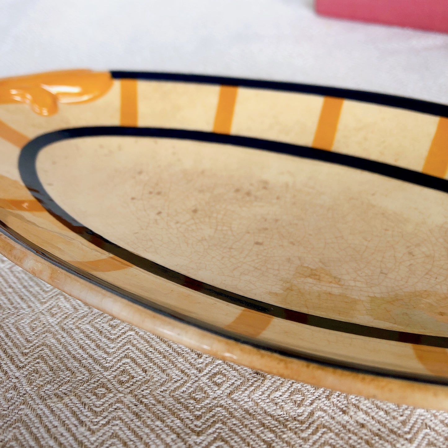 ご予約　クレイユモントロー HBCM Béarn  バスク柄ラヴィエ オーバル皿  「イエローｘブルー」フランスアンティーク食器 ブロカント 蚤の市　バスク柄アンティーク