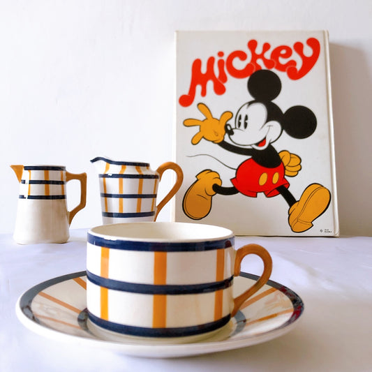 クレイユモントロー HBCM Béarn バスク柄 カップ&ソーサー「イエローxブルー」B フランスアンティーク食器 ブロカントアンティーク 蚤の市